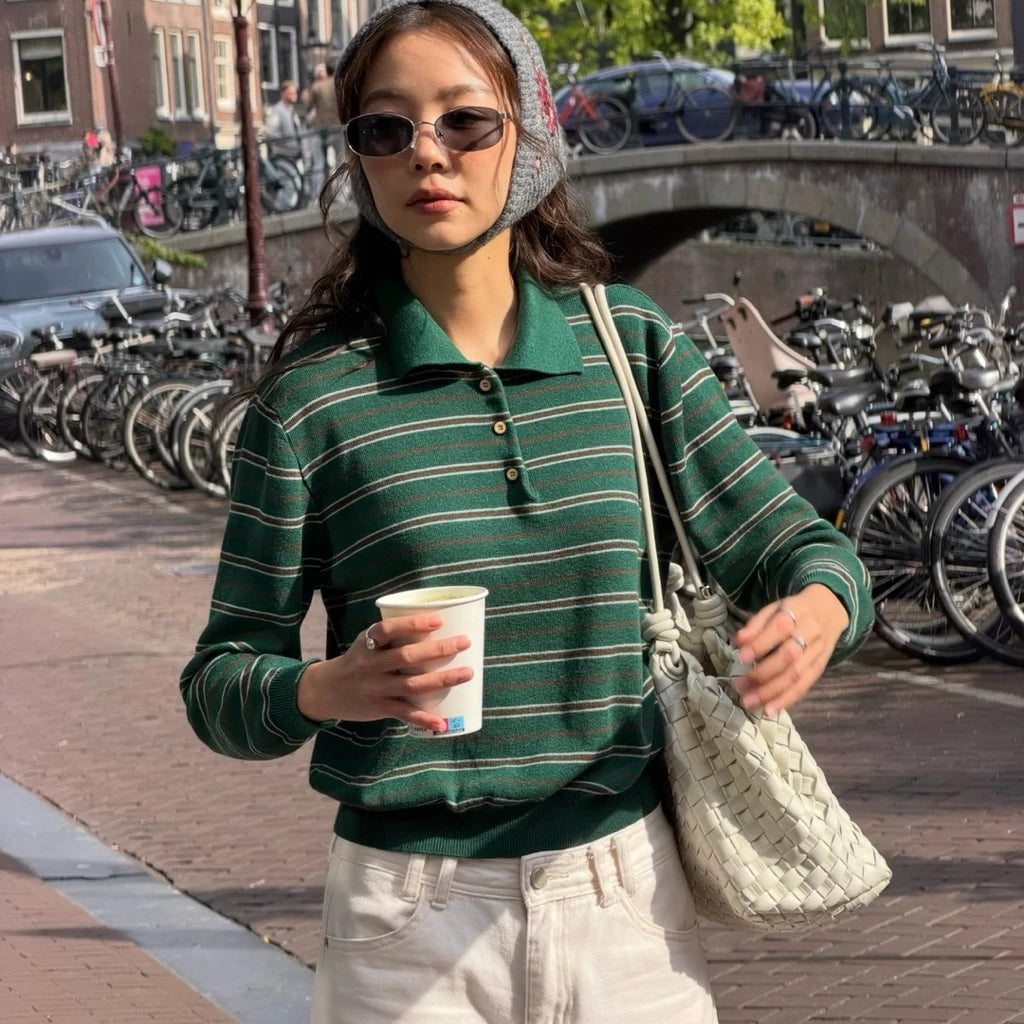 SOMETHING JUNIPER GREEN POLO STRIPE KNITS